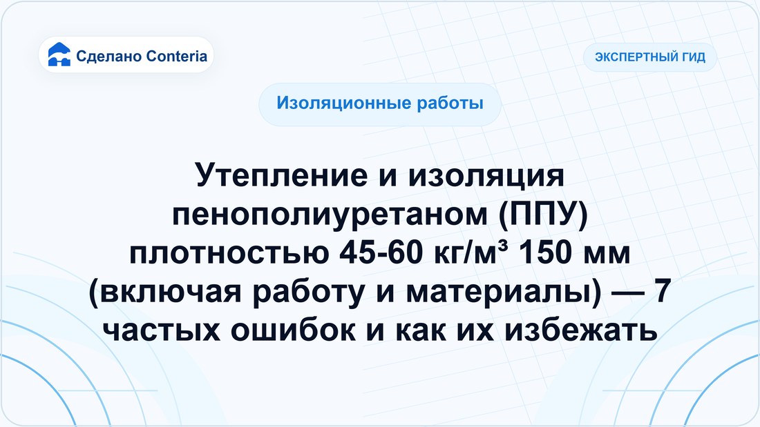 Утепление и изоляция пенополиуретаном (ППУ) плотностью 45-60 кг/м³ 150 мм (включая работу и материалы) — 7 частых ошибок и как их избежать