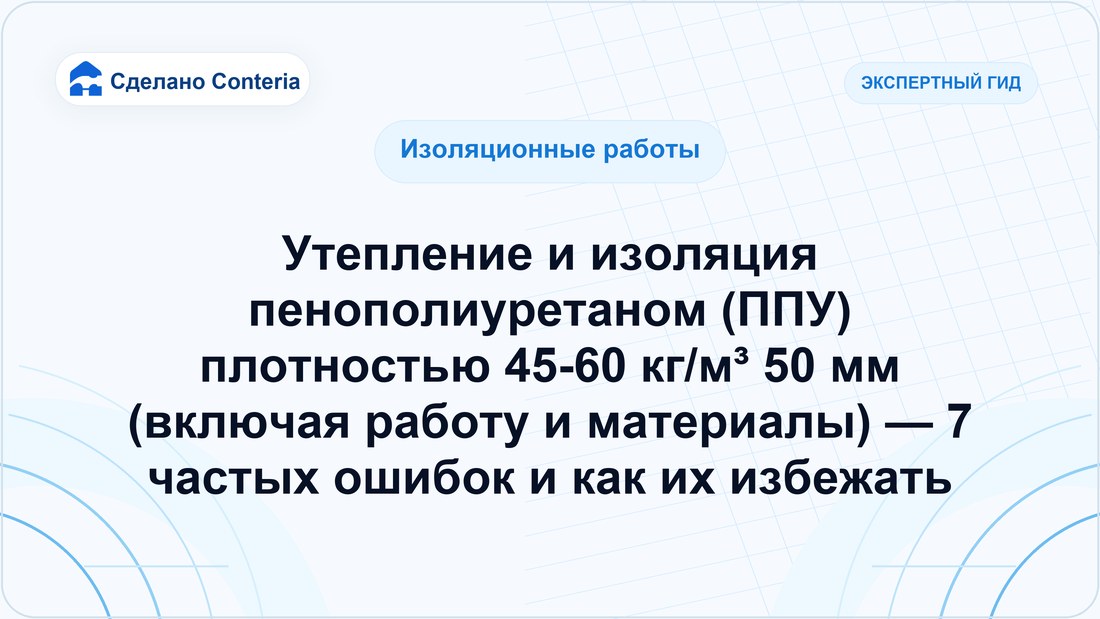 Утепление и изоляция пенополиуретаном (ППУ) плотностью 45-60 кг/м³ 50 мм (включая работу и материалы) — 7 частых ошибок и как их избежать